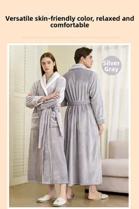 Detail of silver grey flannel bathrobes showing thick fleece texture and couple fit design
