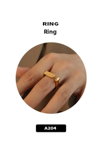 Minimalist gold titanium steel open ring featuring geometric rectangle and oval charms