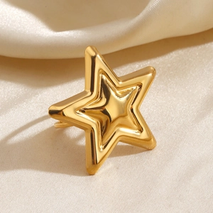 Minimalist gold star stainless steel open ring with polished mirror finish on silk