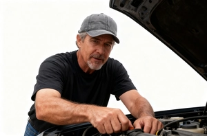 Gray washed cotton baseball cap worn by a man during automotive repair and maintenance