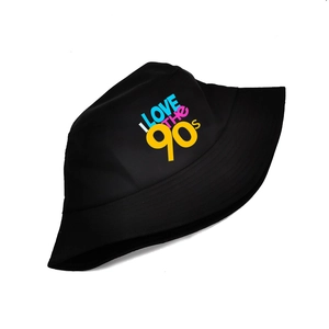 90s nostalgic black cotton bucket hat with retro colorful I LOVE THE 90s print art