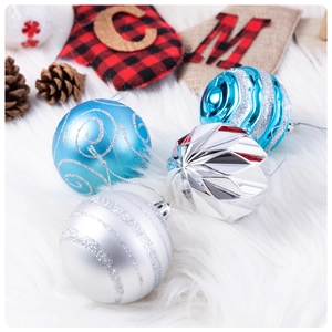 Detail of blue and silver assorted textured Christmas balls on white faux fur background