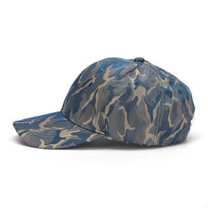 Side view of structured camo baseball cap in blue and grey synthetic fiber texture