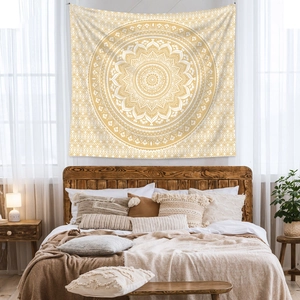 Macro detail of bohemian mandala tapestry fabric texture in yellow and white patterns