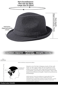Detailed size guide for the solid wool fedora hat with head circumference measurements
