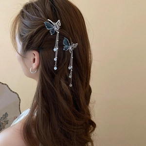 Détails de pinces à cheveux papillon avec franges de perles sur cheveux châtains