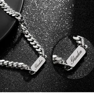Custom silver curb chain necklace with engraved stainless steel ID tag for men and women
