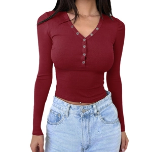Slim fit Y2K style V-neck ribbed long sleeve top in wine red color for women