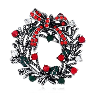 Vintage Christmas Wreath Brooch Pin For Women Men Alloy Rhinestone Christmas Bell Bowknot Brooch Holiday Jewelry Gift