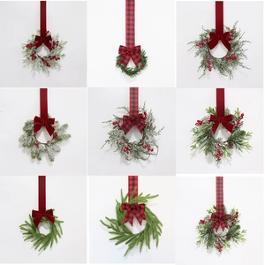 Christmas Mini Wreath Hanging Ribbon Bow Artificial Pine Needle Red Berry Flocked Snow Farmhouse Door Decor