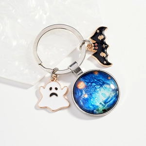 Halloween Keychain With Alloy Ghost And Bat Enamel Pendant Round Glass Cabochon Dark Forest Pumpkin Pattern Key Ring Gift