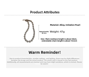 Detailed size chart for gray faux pearl choker necklace with alloy material dimensions