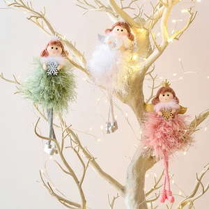 Three plush angel Christmas tree ornaments in white, pink and green with gold details