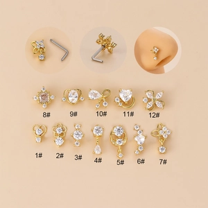 Stainless Steel L-Shape Nose Stud For Women Heart Flower Star Geometric Zirconia Inlaid Gold Silver Piercing Body Jewelry
