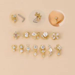 Stainless Steel L-Shape Nose Stud For Women Heart Flower Star Geometric Zirconia Inlaid Gold Silver Piercing Body Jewelry