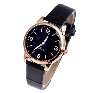 Elegant women's quartz watch with black leather strap and rose gold numeral dial case