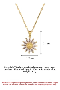 Detail showing titanium steel necklace with 2.3x1.7cm sunflower zircon pendant dimensions