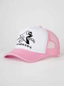 Detail of pink mesh trucker hat with cartoon bear and star graffiti print on front
