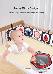 Infant sensory cloth book with high-contrast patterns and safety mirror for tummy time