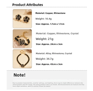 Detailed size chart for black enamel rose jewelry set including earrings and necklace