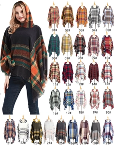 Detail view of 29 color patterns for women hooded checkered poncho with woven fabric texture