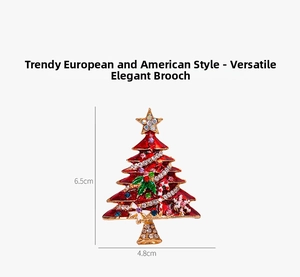 Detail showing red enamel Christmas tree brooch with rhinestones measuring 6.5cm x 4.8cm