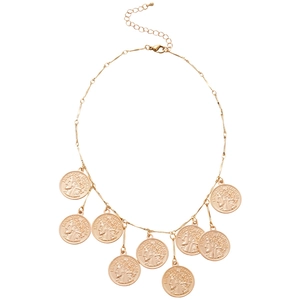 Adjustable gold necklace with nine embossed coin pendants featuring portrait detail