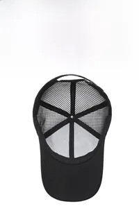 Macro detail of breathable mesh fabric and reinforced inner lining of a black baseball cap