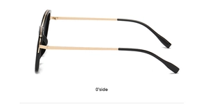 Side view of cat-eye sunglasses with black frames and golden metal T-shaped temples