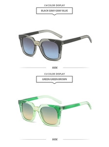 Side view detail of retro square sunglasses in black-blue and green tea gradient colors
