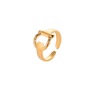 Detailed shot of polished gold-plated adjustable horsebit style ring on white background