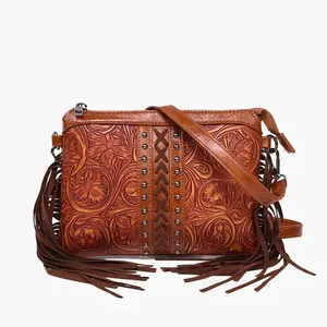 Bohemian PU Leather Crossbody Bag With Floral Embossing Tassel And Rivet Decor Retro Adjustable Shoulder Bag For Women