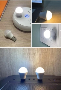 Detail showing portable USB LED night light plugged into laptop and wall sockets