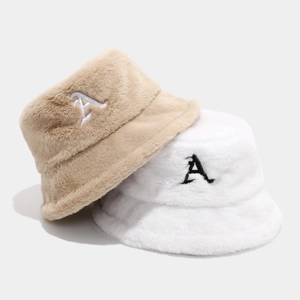 Plush faux rabbit fur bucket hat for women with embroidered A letter in beige and white