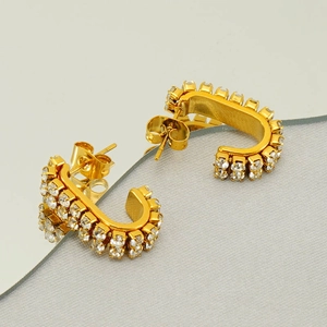 Fashion 18k gold plated stainless steel C-shape earrings with double row crystals