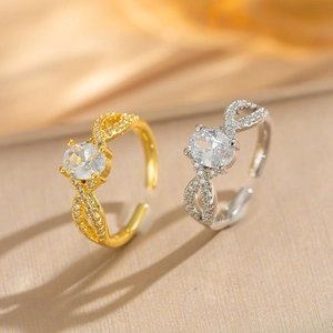 Oval Cubic Zirconia Infinity Twist Open Ring Copper Gold Plated Adjustable Niche Light Luxury Ring For Women