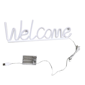 Enseigne néon Welcome blanche avec options USB et batterie sur fond blanc épuré