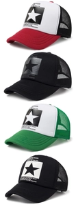 Stack of breathable mesh trucker hats showing five-pointed star and text print details
