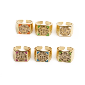 Colorful zircon smiley face rings in gold finish with vibrant enamel borders