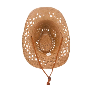 Breathable hollow weave brown cowboy straw hat with adjustable chin strap for beach travel