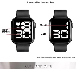 Detailed comparison showing time and date display on black digital square LED watch