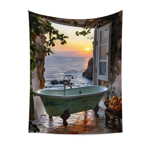 Detail of Mediterranean sunset tapestry with vintage bathtub and sea view pattern