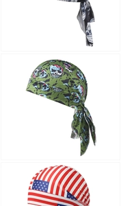 Detailed close-up of paisley pirate hats in skull, camo, and US flag patterns