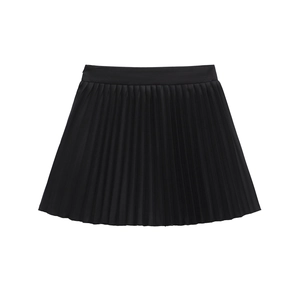 Classic black high-waisted pleated mini skirt with A-line silhouette and neat creases