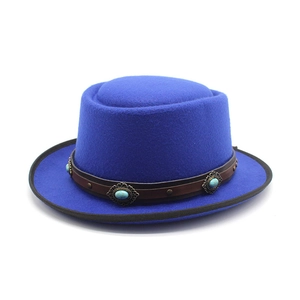 Vintage royal blue felt jazz hat with turquoise leather band and black brim edge