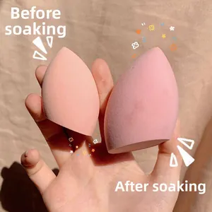 Size comparison of soft makeup sponges showing volume change before and after soaking