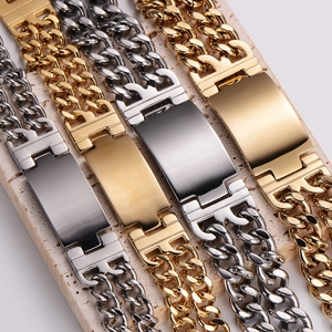 Polished stainless steel Cuban link bracelets in gold and silver finish with matte plates