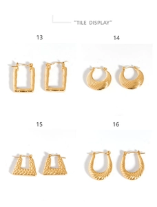 Detailed grid of minimalist gold stainless steel earrings with unique textures