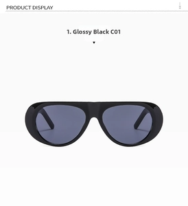 Detail of glossy black large frame sunglasses with dark grey lenses on white background