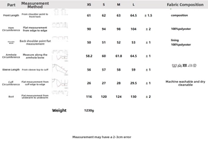 Detailed size chart for women jacket showing bust, shoulder, and sleeve measurements